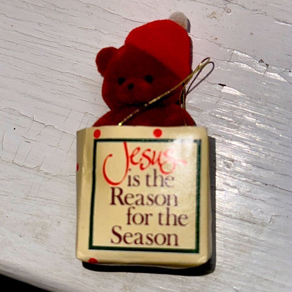 Vtg 1985 tiny flocked‎ bear in bag that says Jesus is the Reason for the Season